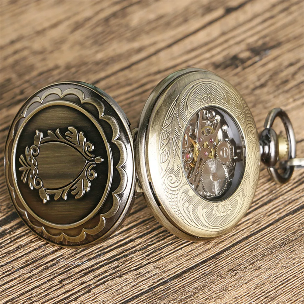 Shield Pattern Bronze Hand Winding Mechanical Pocket Watch Blue Arabic Numeral Dial Antique Pendant Timepiece with Pocket Chain