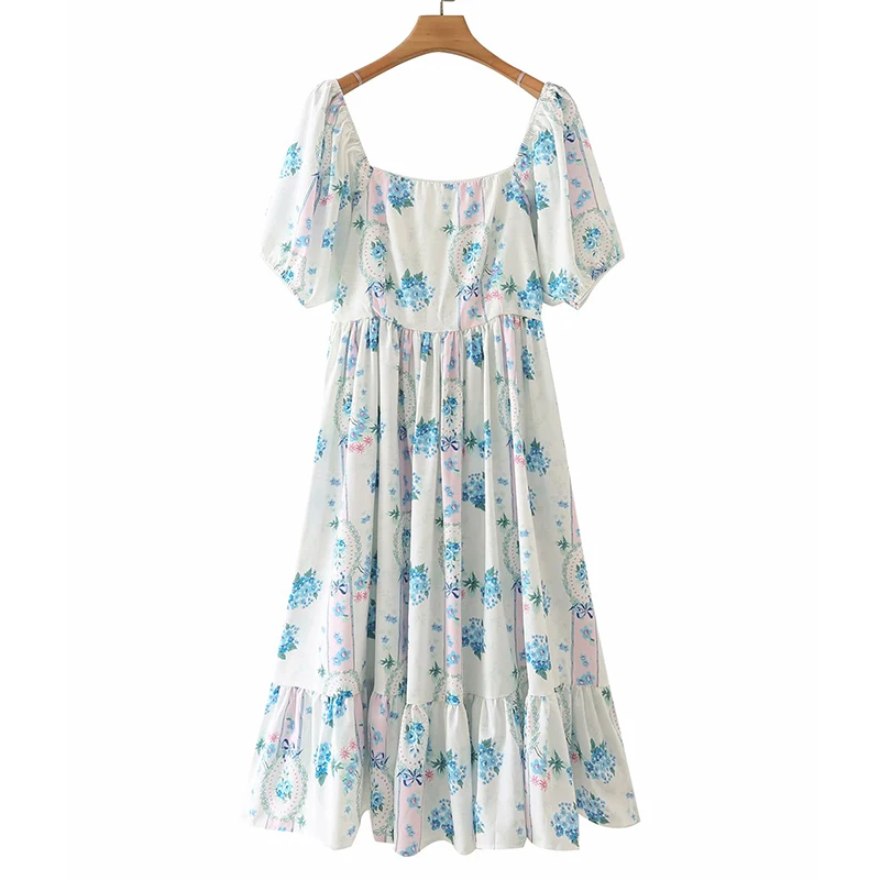 

YENKYE Elegant Women Blue Floral Print Puff Sleeve Dress Female Sexy Square Neck Holiday Summer Boho Vestido Mujer Midi Robe