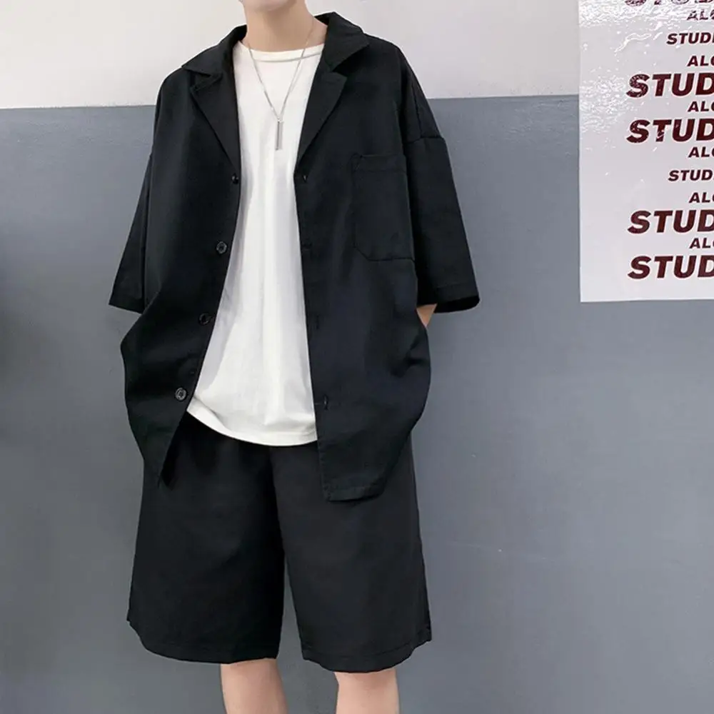 

Men Summer Solid Color Fashion Casual Short Sleeves High Quality Pockets Shirt Top Shorts Pants Suit Loose Sets