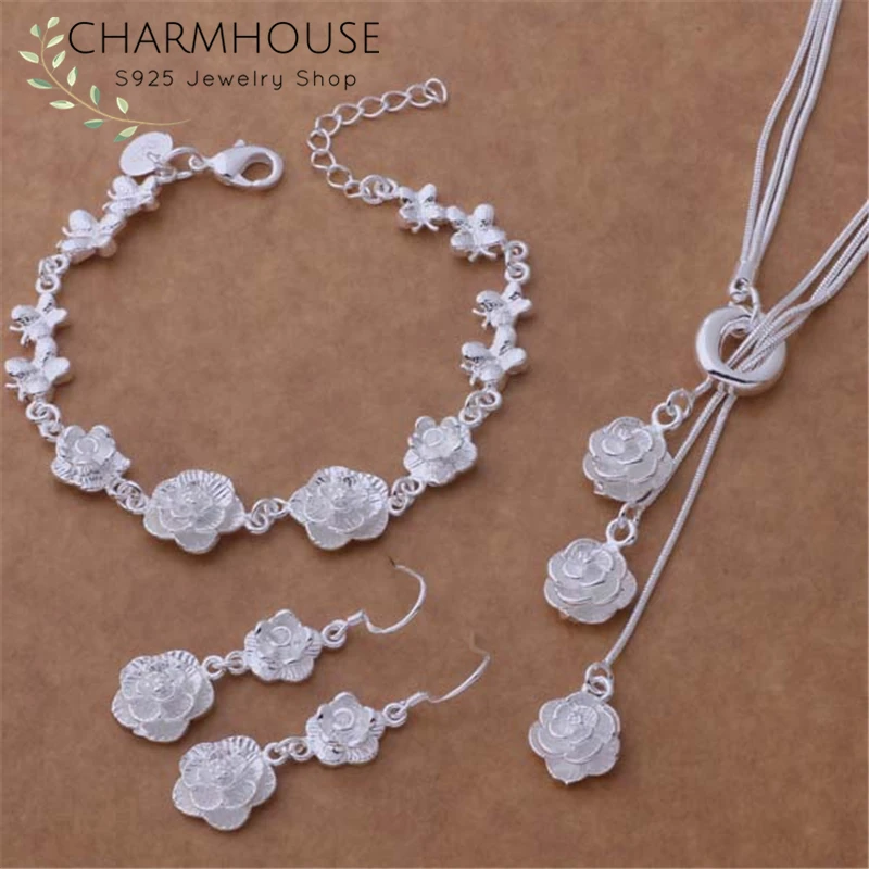 Комплект ювелирных изделий Charmhouse из чистого серебра для женщин браслет с цветком