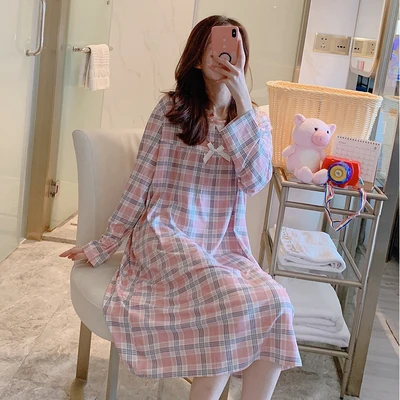 Женская ночная рубашка Fdfklak с длинным рукавом хлопковая Ночная в клетку