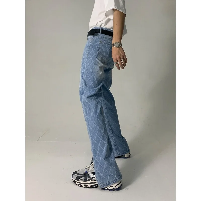 Mesh Jacquard Jeans Mens Plaid Grid Korean Casual Straight Wide Leg Pants Loose Slimming Slit Mop Pants Man Baggy Vintage Jeans