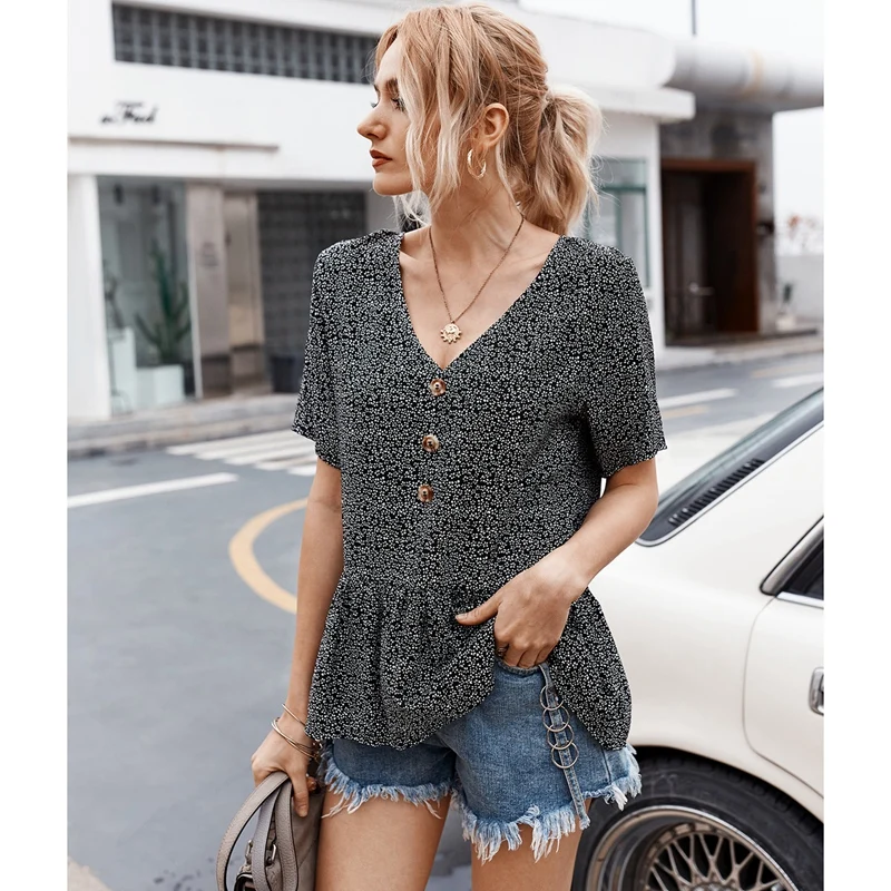 

Women Loose Boho Top Floral Print Button Front Top Women V Neck Short Sleeve Tops