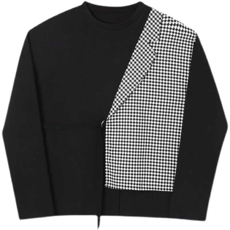 

Men Korean Fashion Streetwear Loose Tee Shirt Autumn New Irregular Blazer Plaid Splice Long Sleeve T-shirtsTops Man Tshirt