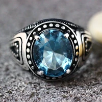 punkboy retro style mens ring ancient silver color engraved pattern light blue crystal male ring for party jewelry size 6 11