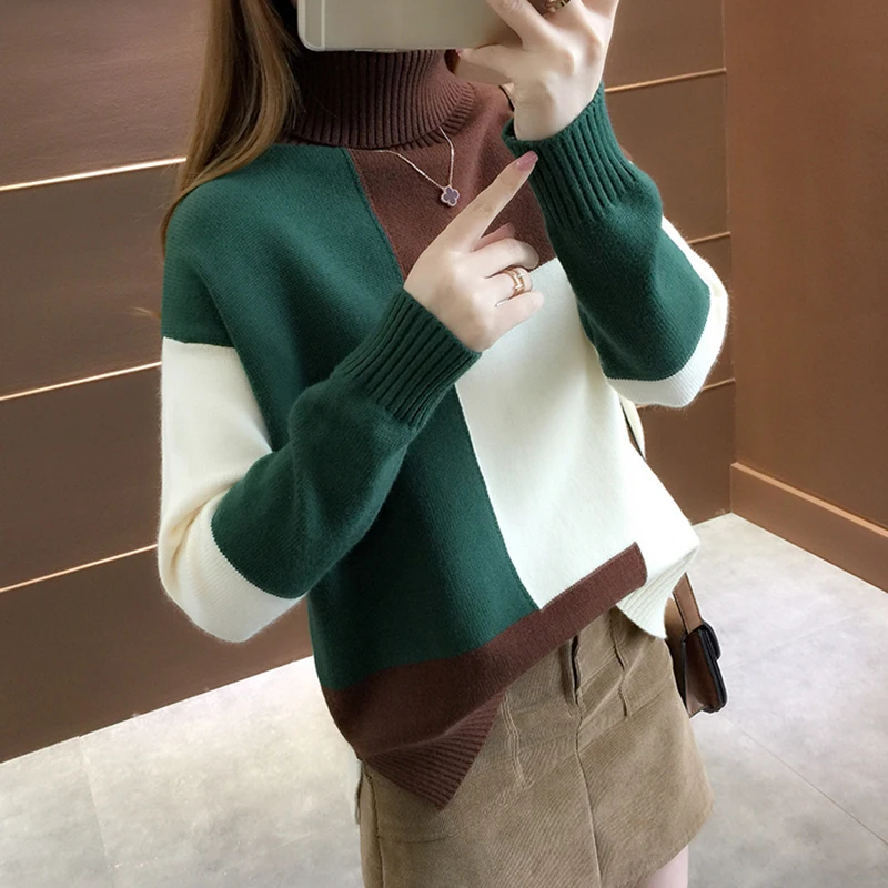 Oversized Knitted Sweater Women Red Patchwork Turtleneck Winter Jumper Korean Pullover Casual Clothes Warm Loose V644 | Женская одежда