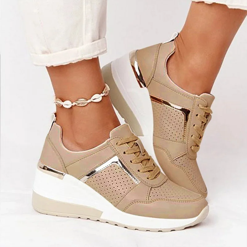 

Vulcanized Shoes Women Sneakers Solid Color Lace-Up Casual Ladies Wedge Shoes Outdoor Platform Female Mesh Breathable Sneakers