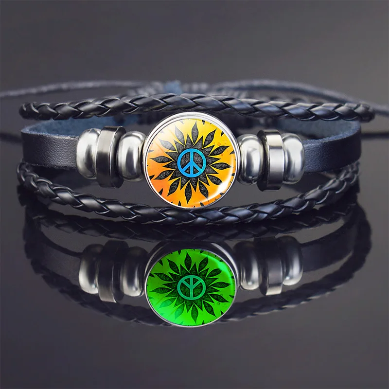 Египетская религиозная браслет ручной работы браслеты для женщин ювелирные изделия Светящийся стеклянный кабошон Черная кожаная пульсира Оптовая продажа