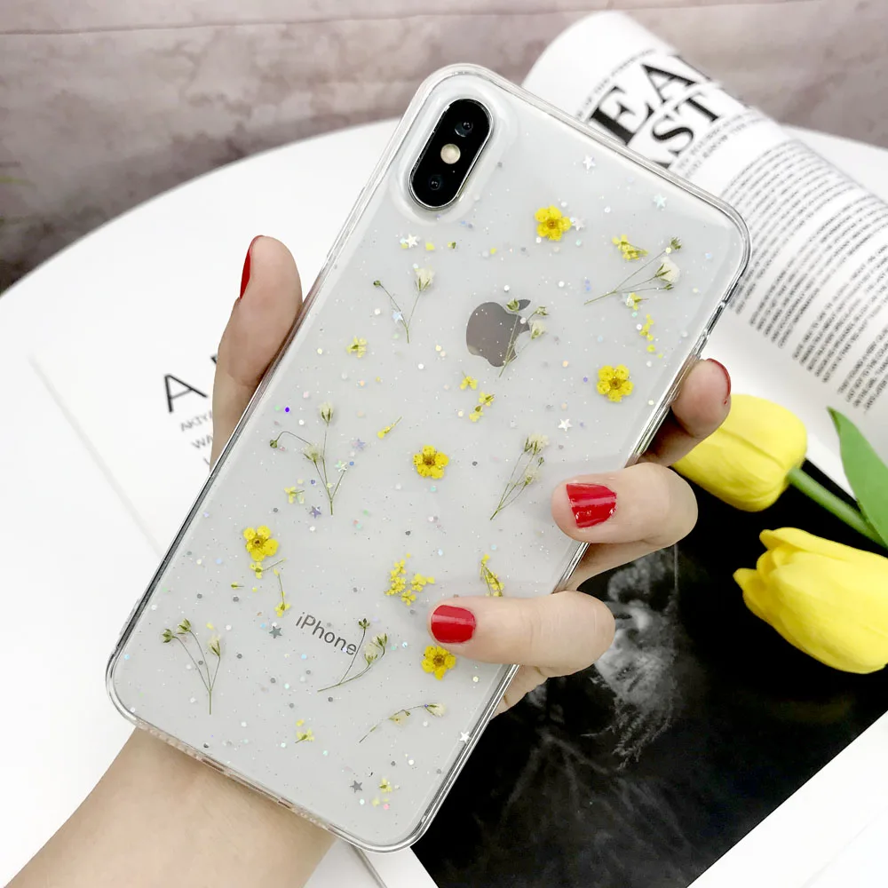 Настоящие сухие цветы чехол для iphone 7 8 Plus X чехол для iphone 11 Pro XR X XS Max 8 7 6S 6 Plus чехол силиконовый чехол для телефона s - Цвет: Yellow