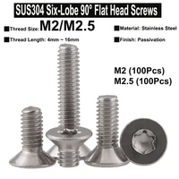 100pcs m2 m2 5x4mm16mm sus304 stainless steel six lobe 90%c2%b0 flat head screws countersunk screw gb2673