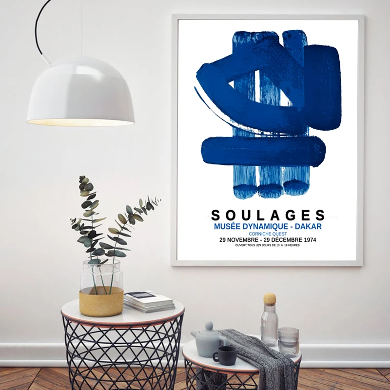 

French Painter Pierre Soulages art Exhibition Poster , Abstract Watercolor Blue Painting Canvas Prints Gallery Museum Wall Decor