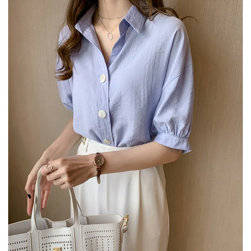 

2021 Summer New Style Korean Fashion Temperament Shirt Women Casual All-match Shirt Loose Lantern Sleeve Shirt