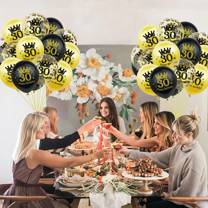 

15Pcs Black Gold Number Confetti Balloons Happy 30th/40th/50th/60th Birthday Decoration Balloons Adults Birthday Party Supplies