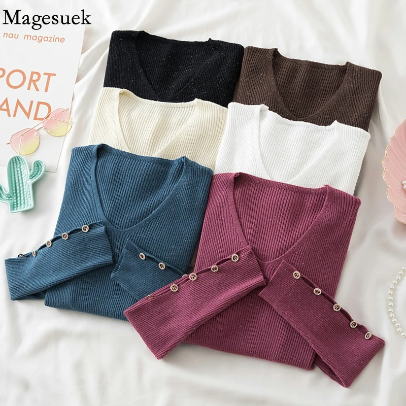 

V-neck Women Sweater Pullover Autumn Winter New Casual Knitwear Shiny Jumper Sweater Long Sleeve Slim Sweaters Full Femme 17698.