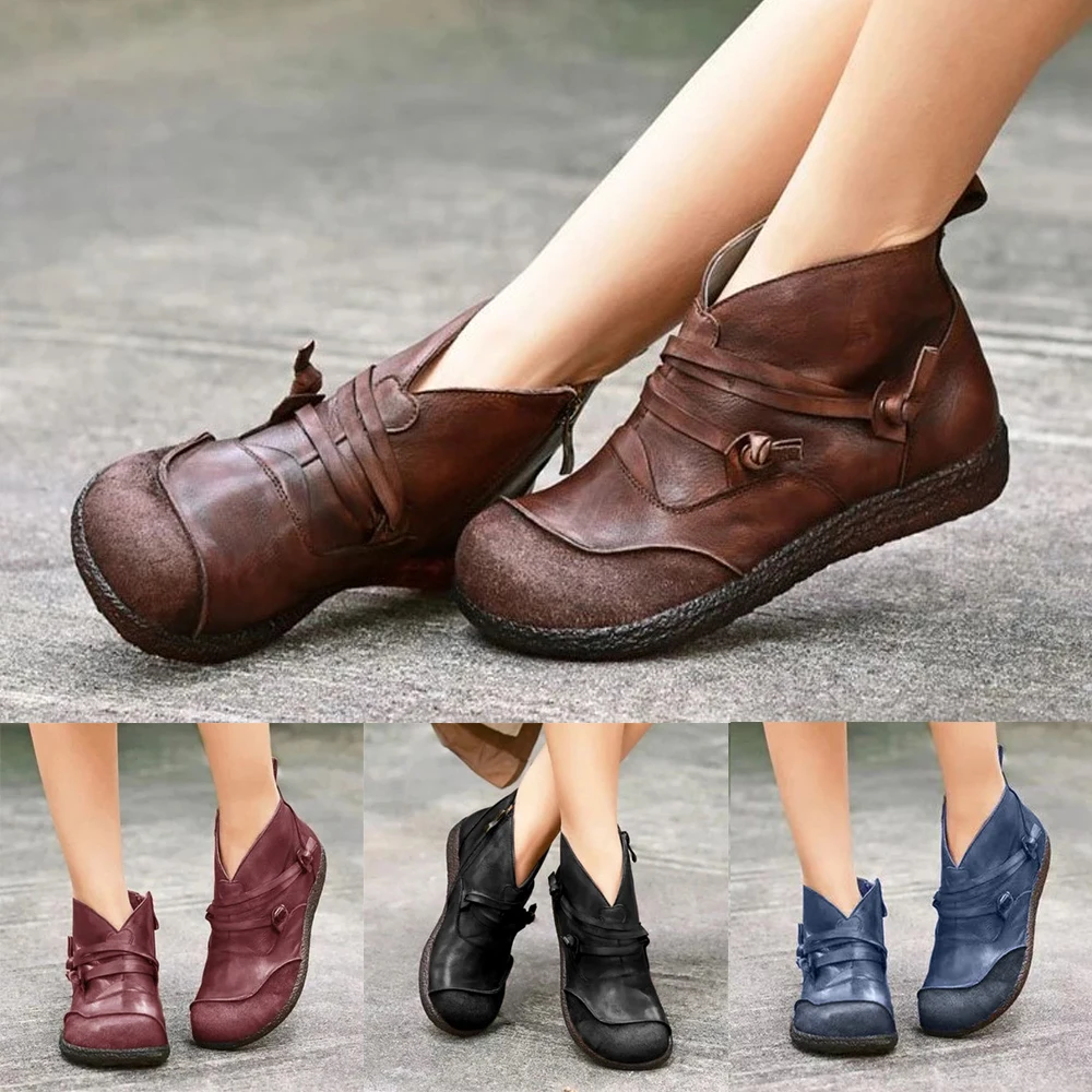 Новинка 2020 года Винтажные кожаные женские ботильоны Повседневные ботинки на