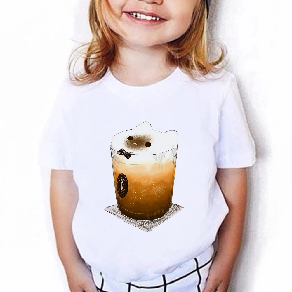 

Funny Coffee Cat Baby Girl Clothes 2-12 Years Children Toddler Shirt Cartoon Cute Print T Shirt French Trendy High Quality Tee