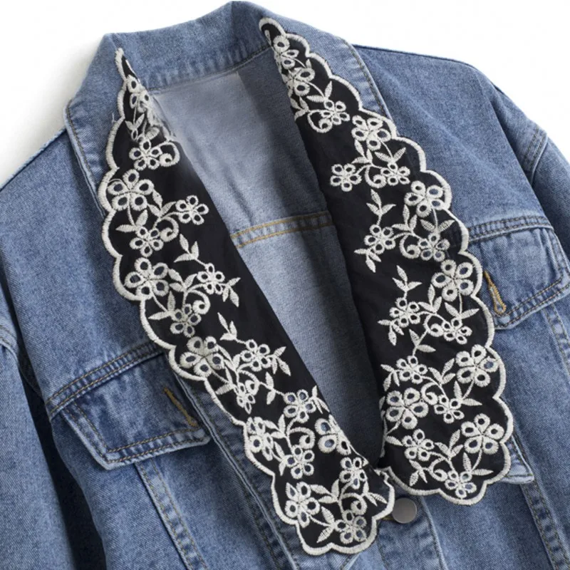 

2021 Autumn Streetwear Jeans Jacket Pockets Vintage Loose V-Neck Embroidered Flowers Single Breasted Fashion Womens Outerwear