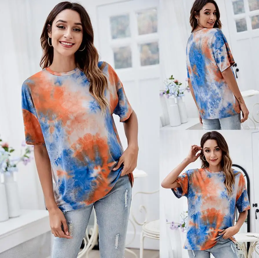 

Fashion Pullover Women's Youth Tie-Dye Round Neck Short Sleeve Casual Loose T-Shirt Get 6PCS Nose Strips Free