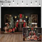 Рождественский фон для фотосъемки Рождественская елка игрушка медведь подарок троянский задник с лошадьми украшение окна баннер из реквизитов участников для фотостудии