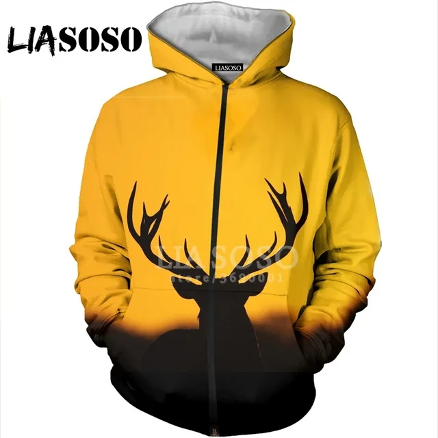 

LIASOSO 3D Print Men Women Funny Deer Elk Antlers Hoodies Sweatshirts Zipper Jacket Casual Coat Hip Hop Streetwear