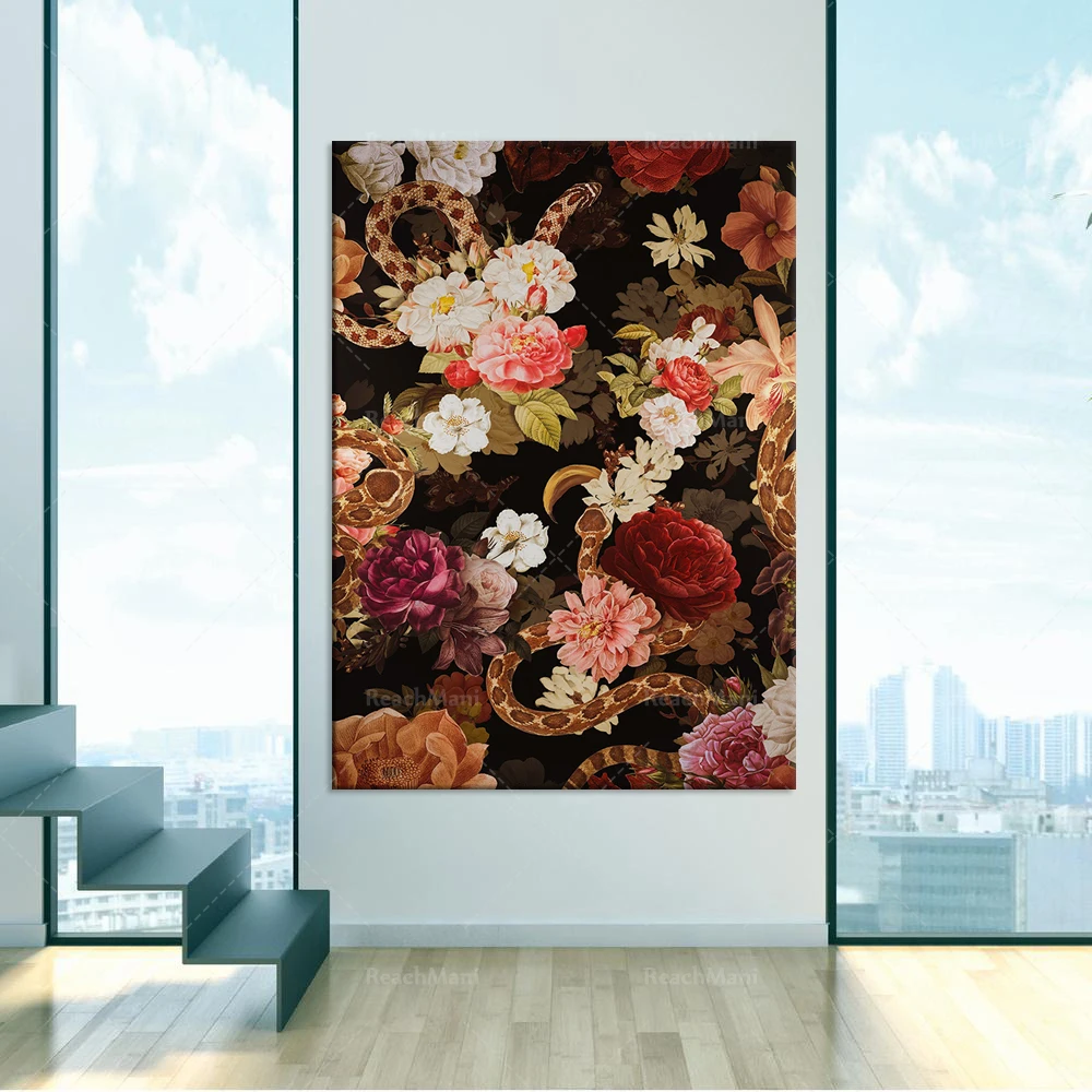 

Serpents avec des fleurs - Toile florale d’art de mur - Art mural floral de toile - Art moderne abstrait - Art de mur animal