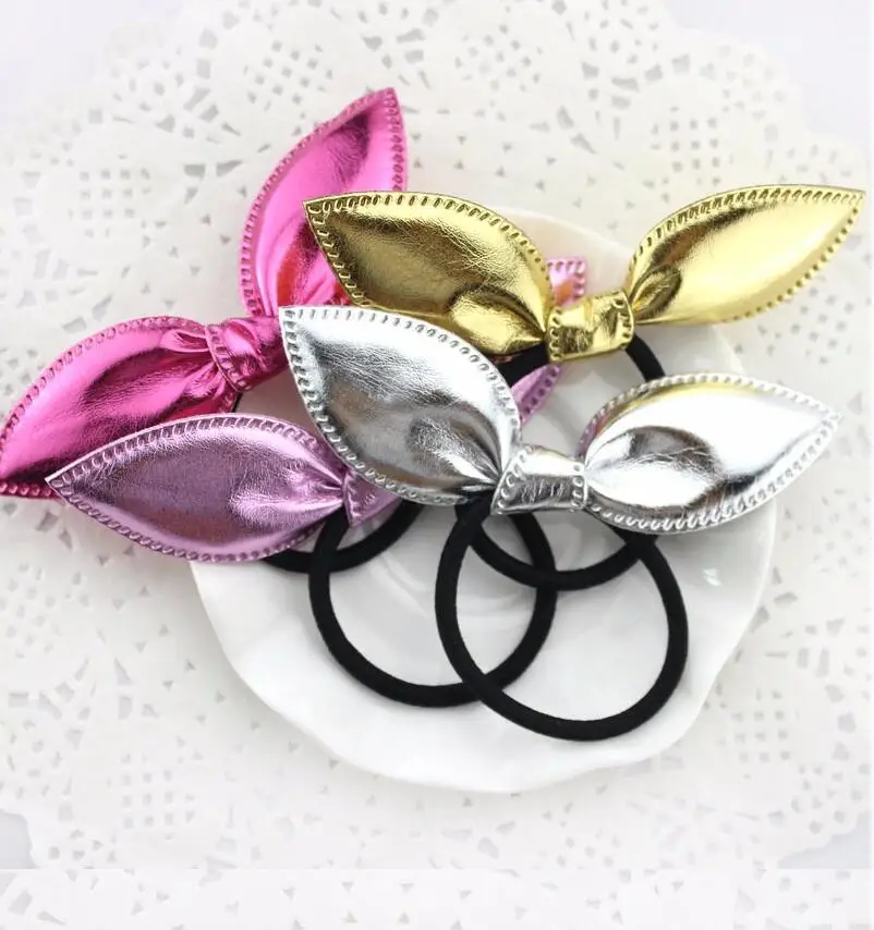 Бантик ушки из искусственной кожи 1 шт. золотистые/Серебристые резинки для волос
