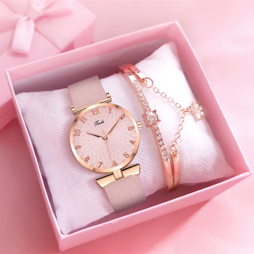 【Watch+Bracelet】Women Watch Bracelet Set Arabic Numbers Quartz Luxury Ladies Leather Strap Wristwatches Relogio Feminino | Наручные