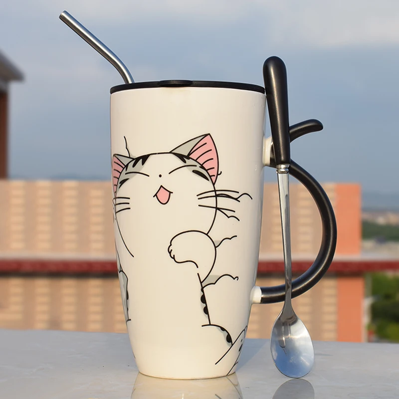 Керамическая кофейная кружка с соломенной крышкой большая емкость 580 мл