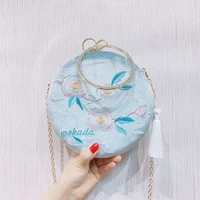 vintage shoulder bag korean clothing bag new style flower flannel embroidered dinner clutch round messenger chain bag