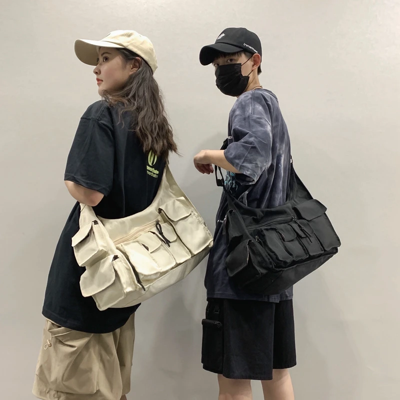 

Messenger Bags for Unisex Multiple pockets Patch Letters Canvas Handbags Casual Students Shoulder Messenger Bags Minimalist