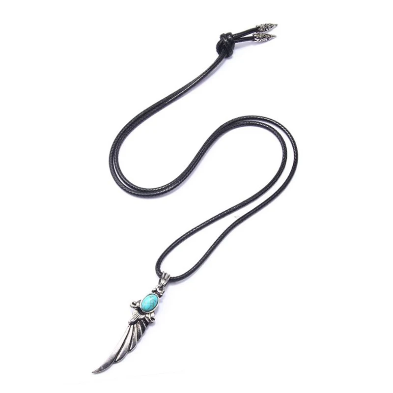 Tibetan Silver Angel Wing Feather Necklace Blue Beads Pendants Long Waxed Cotton Cord Chain Women Men Jewelry | Украшения и