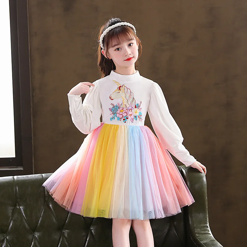 

Kids Casual Dress 2022 Spring New Rainbow Mesh Unicorn Little Girls Long Princess Dress For Girls Performance Dresses 4-12 Years