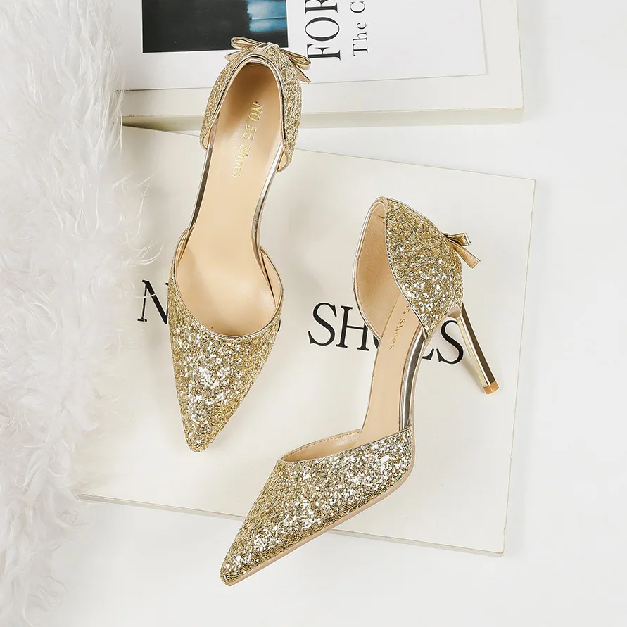 2019 г. Женские босоножки на тонком высоком каблуке 8 см пикантные блестящие яркие