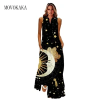 movokaka spring summer black dress party elegant beach casual holiday long dresses sleeveless loose v neck moon star print dress