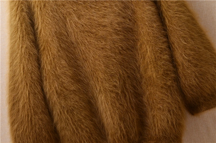 Корейский женский короткий коричневый свитер из шерсти Ангорского Кролика