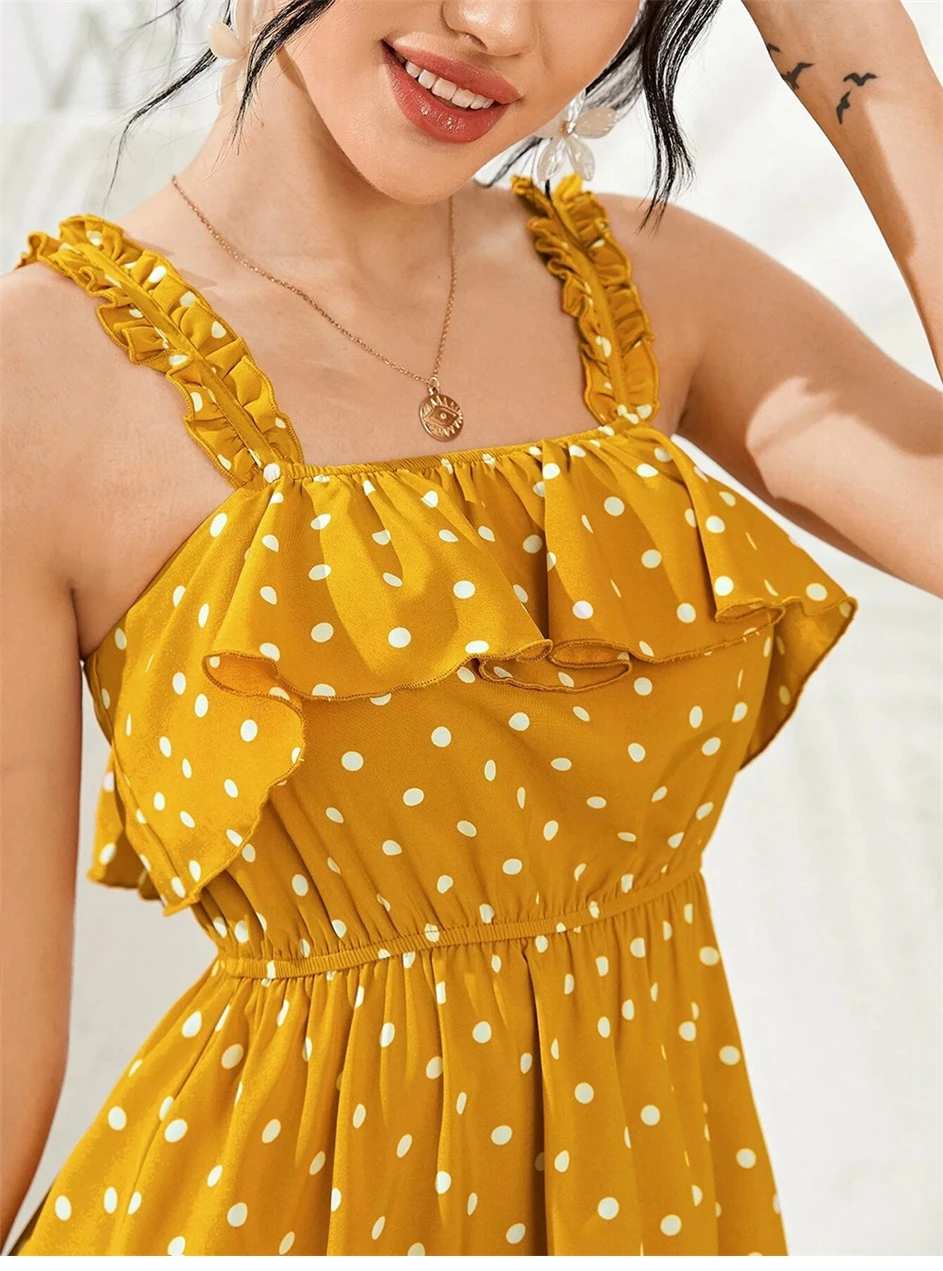 

Summer Vacation Style Ladies Sleeveless Spaghetti Strap Dot Short Dress Women 2021 New Ruffles Slash Neck Above Knee Mini Dress