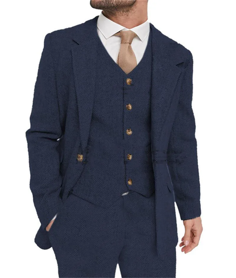 Men's Herringbone Pattern Blazer Men's Business Slim Tuxedo Wool Blazer + Vest + Pants Party Wedding Banquet Prom Terno Masculin