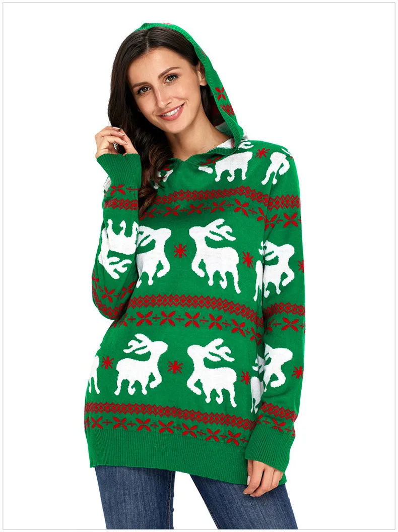 Женский свитер с капюшоном вязаный пуловер оленями цвет белый зеленый черный