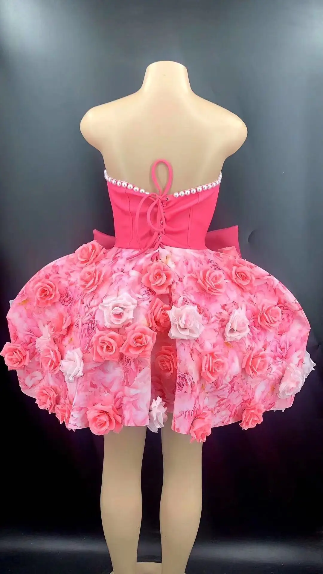 

Women Handmade Flowers Dress 2021 Bow Pearl Stitching Tutu Dress Celebrate Female Singer Party Club Stage Performance Costume