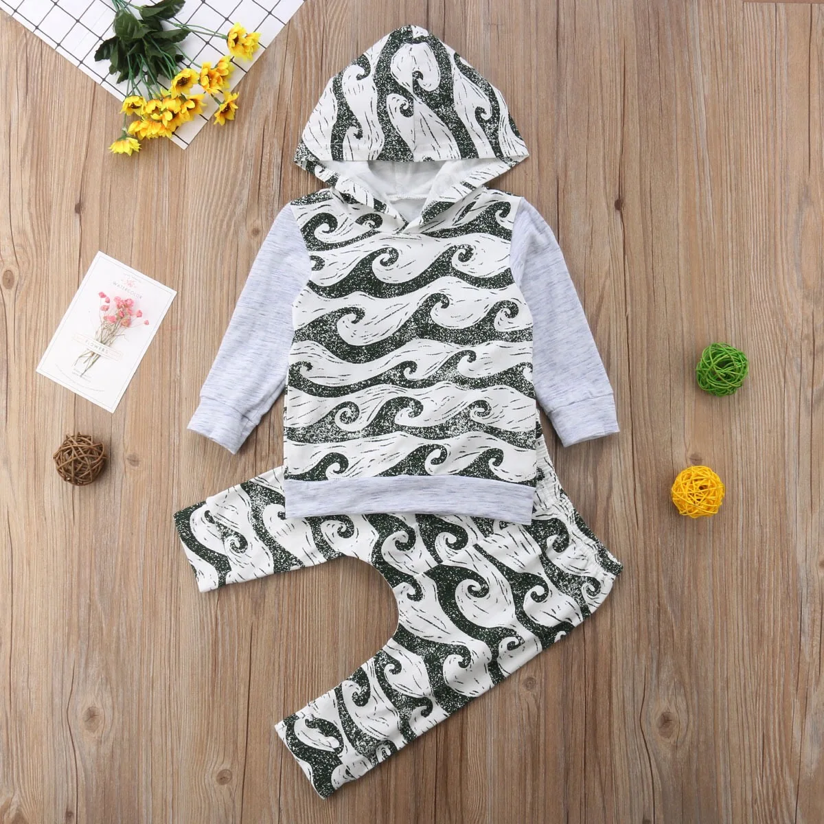 Autumn Long Sleeve Hooded Tops Pants Outfits Wave Cotton Boy Clothing 0-24M 2pcs Newborn Baby Boys Clothes Set |