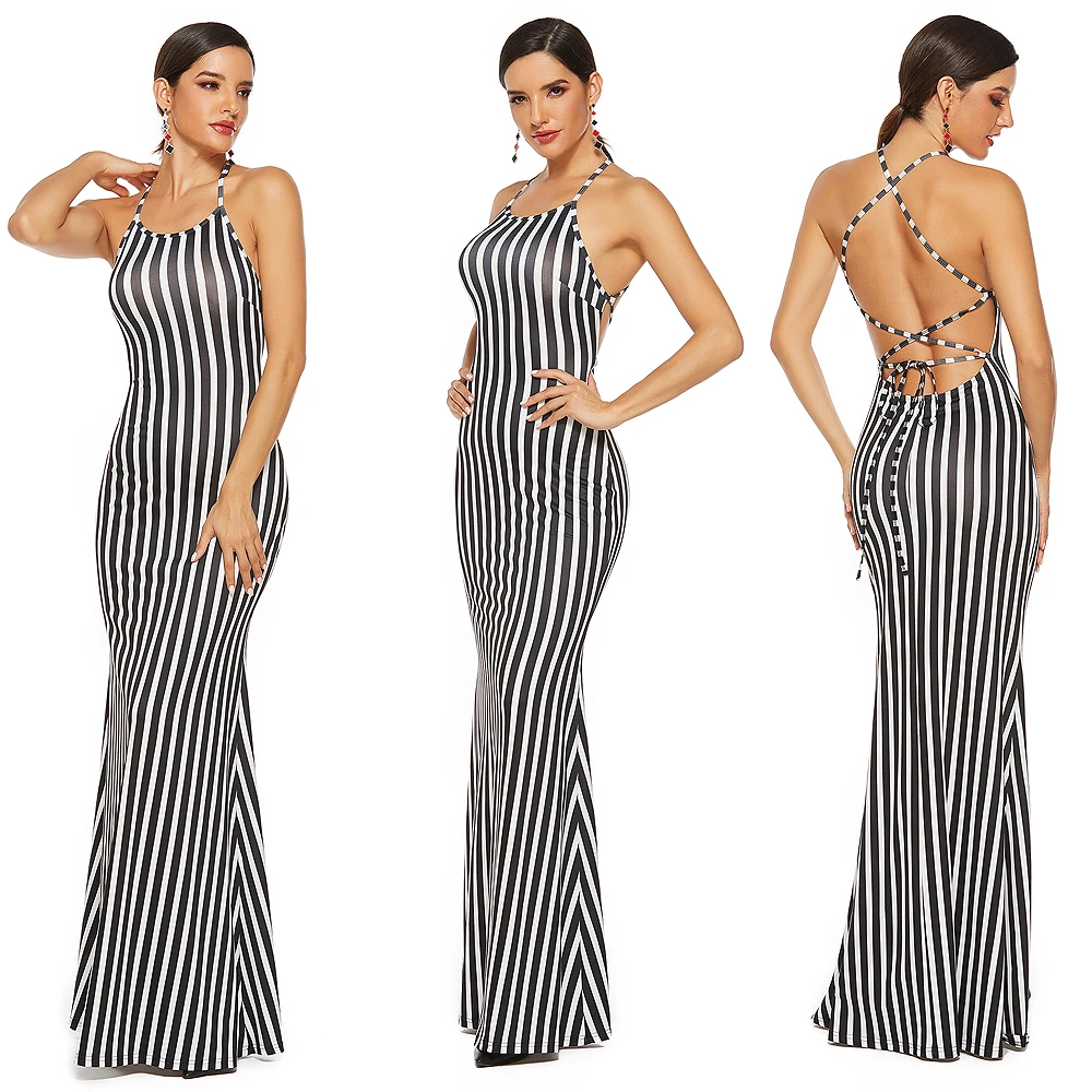 

Elegant Ladies Plus Size Cocktail Party Striped Dresses For Women Sexy Long Trumpet / MermaidDress Vestido De Mujer Femme Robe