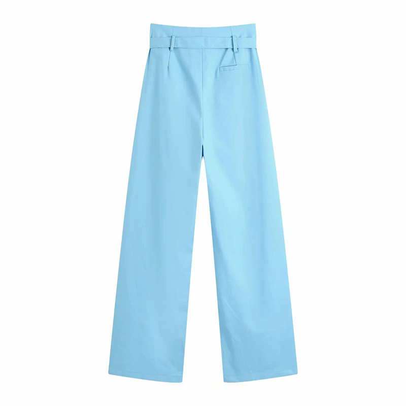 

Summer women's casual solid color high-waist belt decorated wide-leg pants