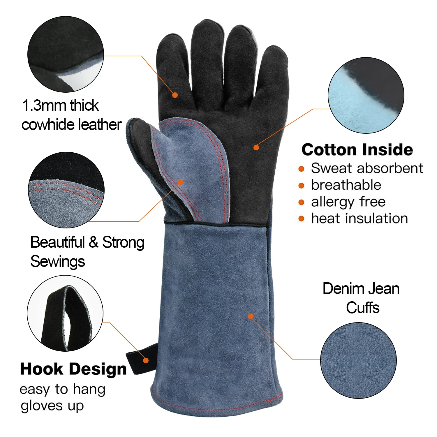 HZXVOGEN Welding protection Work leather Gloves For Welder 1.3mm BBQ Kitchen Stove Heat Puncture Resistant Gloves For Welding