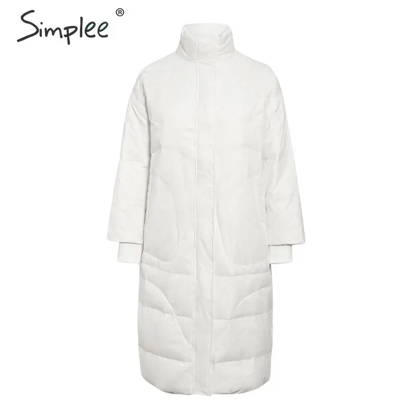 Simplee Fashion warm women long parkas Zipper pockets autumn winter outwear female padded coat Loose soft ladies white overcoats | Женская