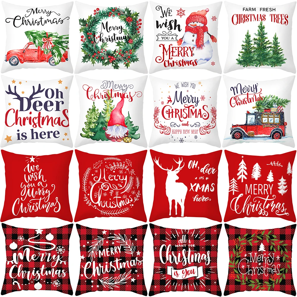 

Red Black Plaid Cushion Covers Christmas Sofa Decor Throw Pillow Cases Home Xmas Cartoon Elk Santa Claus Car Throw Pillow Cover