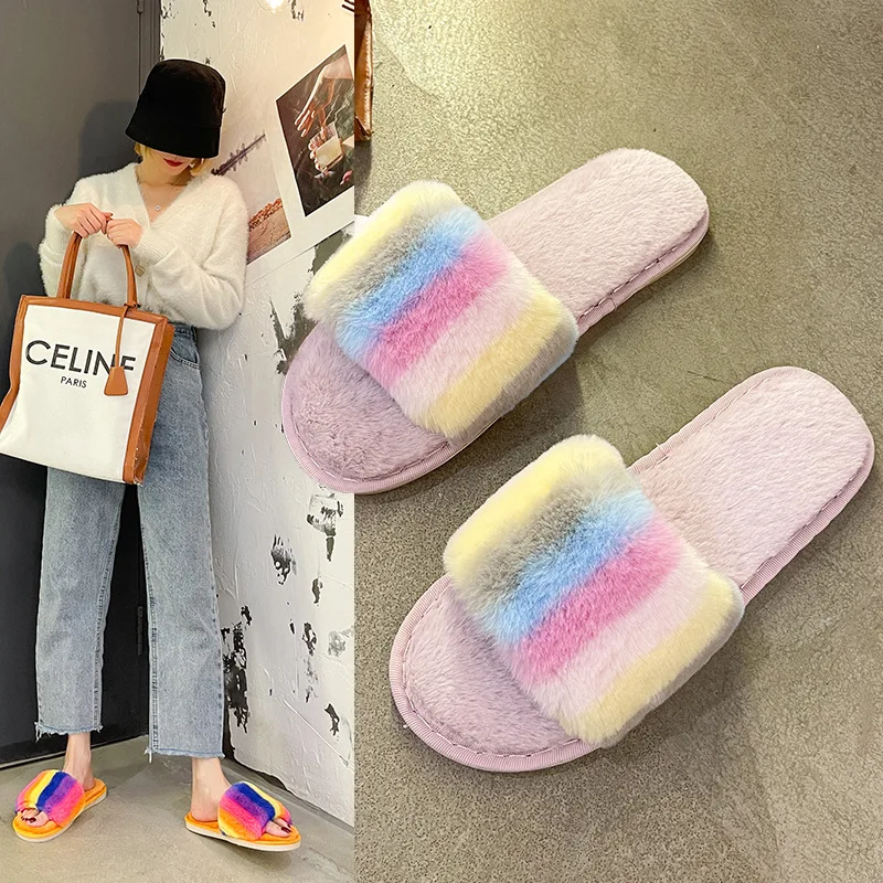 

2021 Winter New Furry Slippers Women Indoor and Outdoor Wear Rainbow-colored Cotton Slippers Flat-bottom Slippers Women