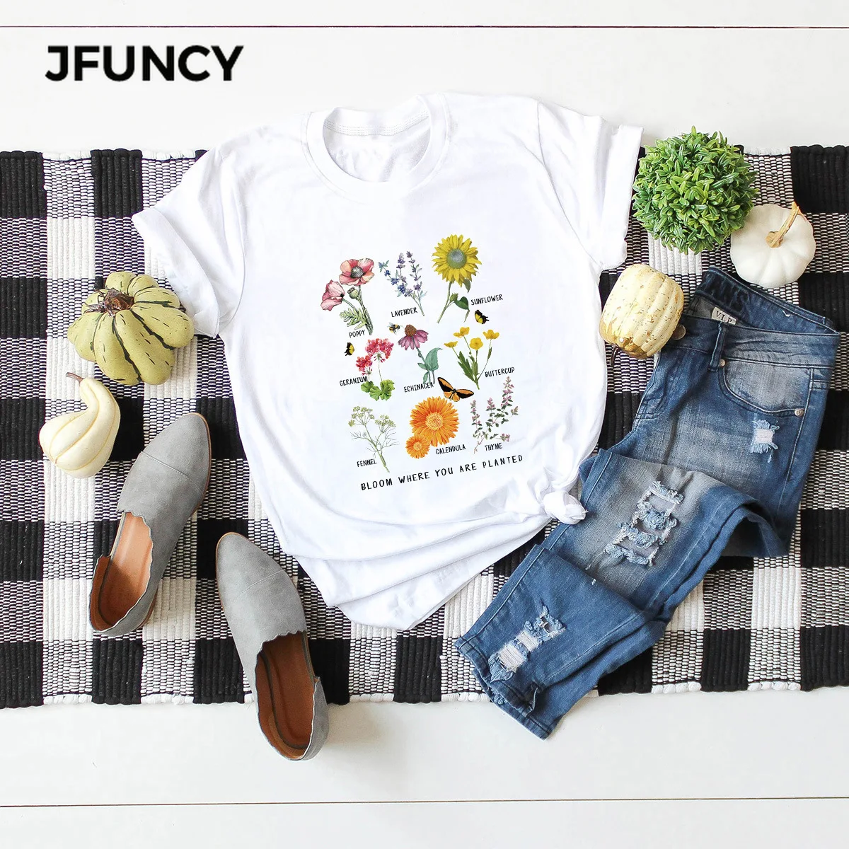 JFUNCY 100% Cotton Flower Graphic Tees Women Tops Summer T-shirt  Short Sleeve Woman Shirts Lady Casual Tshirt