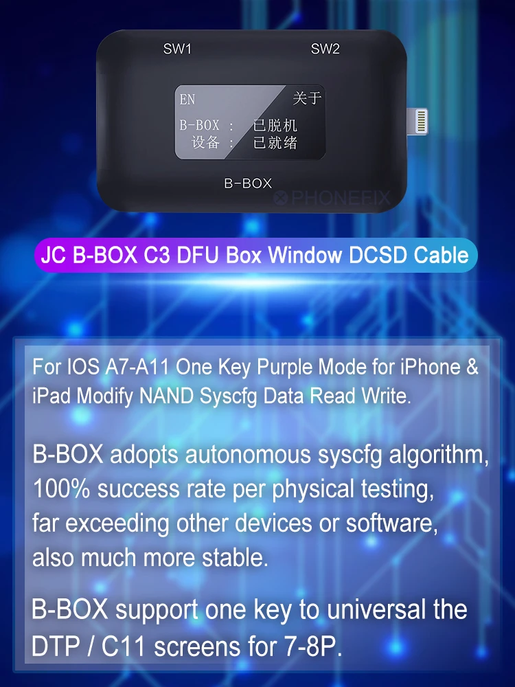JC B BOX C3 DFU один ключ к фиолетовому для IOS A7 A11 iPhone и iPad разблокировка WIFI изменение NAND