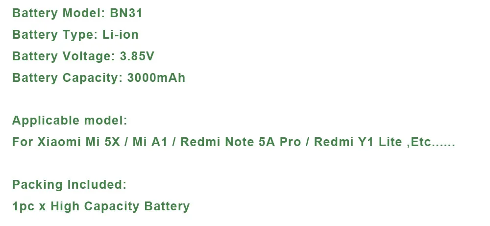 BN31 Перезаряжаемые Батарея для Xiaomi mi 5X A1 mi A1 mi 5X Hong mi redrice Redmi Y1 Note 5A Pro сменная батарея для мобильного телефона