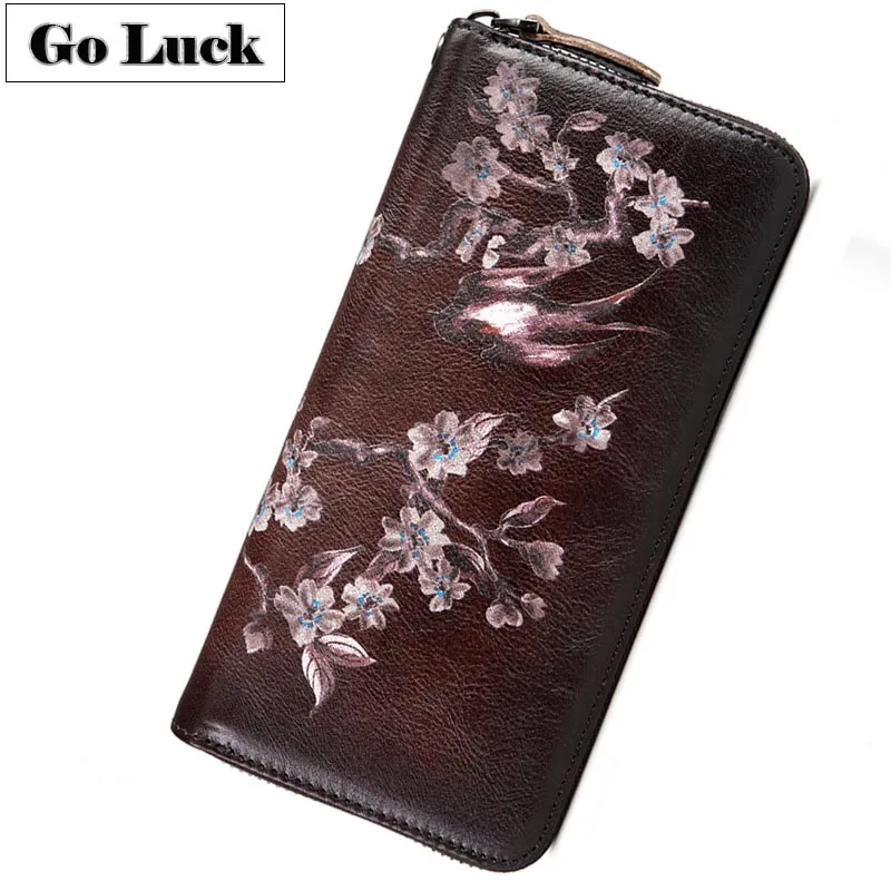 Бренд GO-LUCK, с цветочным рисунком, натуральная кожа, на ремешке, клатчи, кошельки, Женский Чехол для мобильного телефона, чехол для карт, на молнии, женская сумочка
